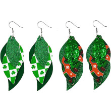 (As show, One size) St Patrick's Day Faux Leather Earrings for Women Girls Shamrock layered Leather Lightweight Earrings Green Hat Petal Leaf Dangle Earrings Set - -