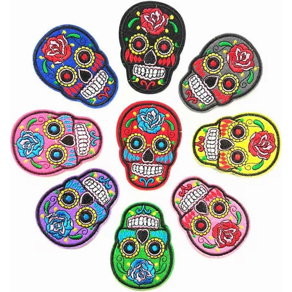 Konhill (As Show, One Size) 9 Pieces Colorful Skull Patches Appliques Sew On Backpack Flowers Delicate Embroidery Decal Badge Logo Diy Crafts Repair Stickers