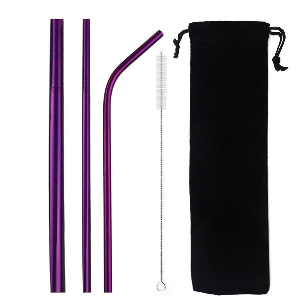 (purple) Colorful Drinking Straws Metal Straw Stainless Steel 3-piece Reusable Straws 6/12mm Eco-friendly Straw Set With 1 Brush Black Bag