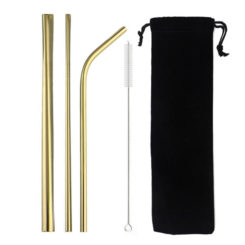 (gold) Colorful Drinking Straws Metal Straw Stainless Steel 3-piece Reusable Straws 6/12mm Eco-friendly Straw Set With 1 Brush Black Bag