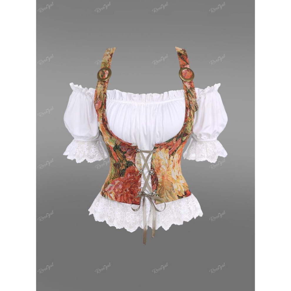 (coffee, 2XL) Rosegal Gothic Puff Sleeve Floral Mesh Trim Ruched Lace Up Buckle Off The Shoulder 2 In 1 Corset Top