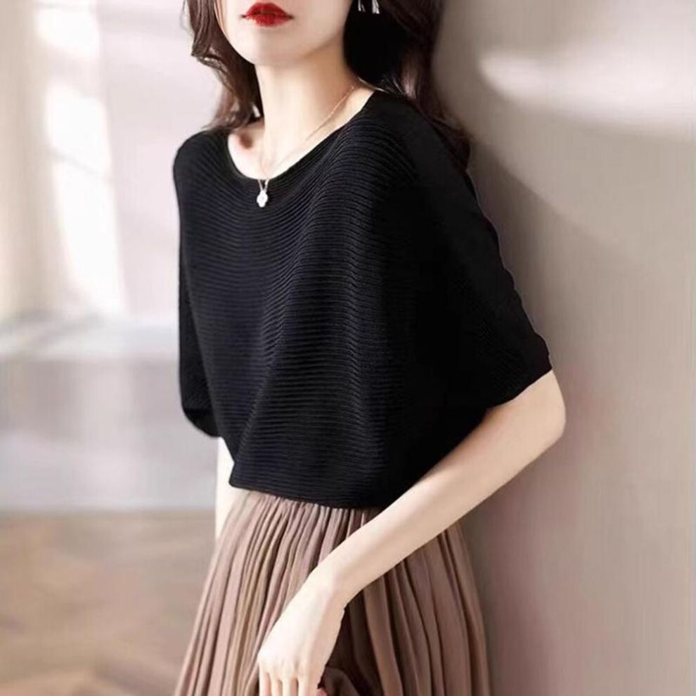 (black, 3XL) ZANZEA Women Casual Round Neck Bat Short Sleeve Stripe Solid Color Loose Blouse
