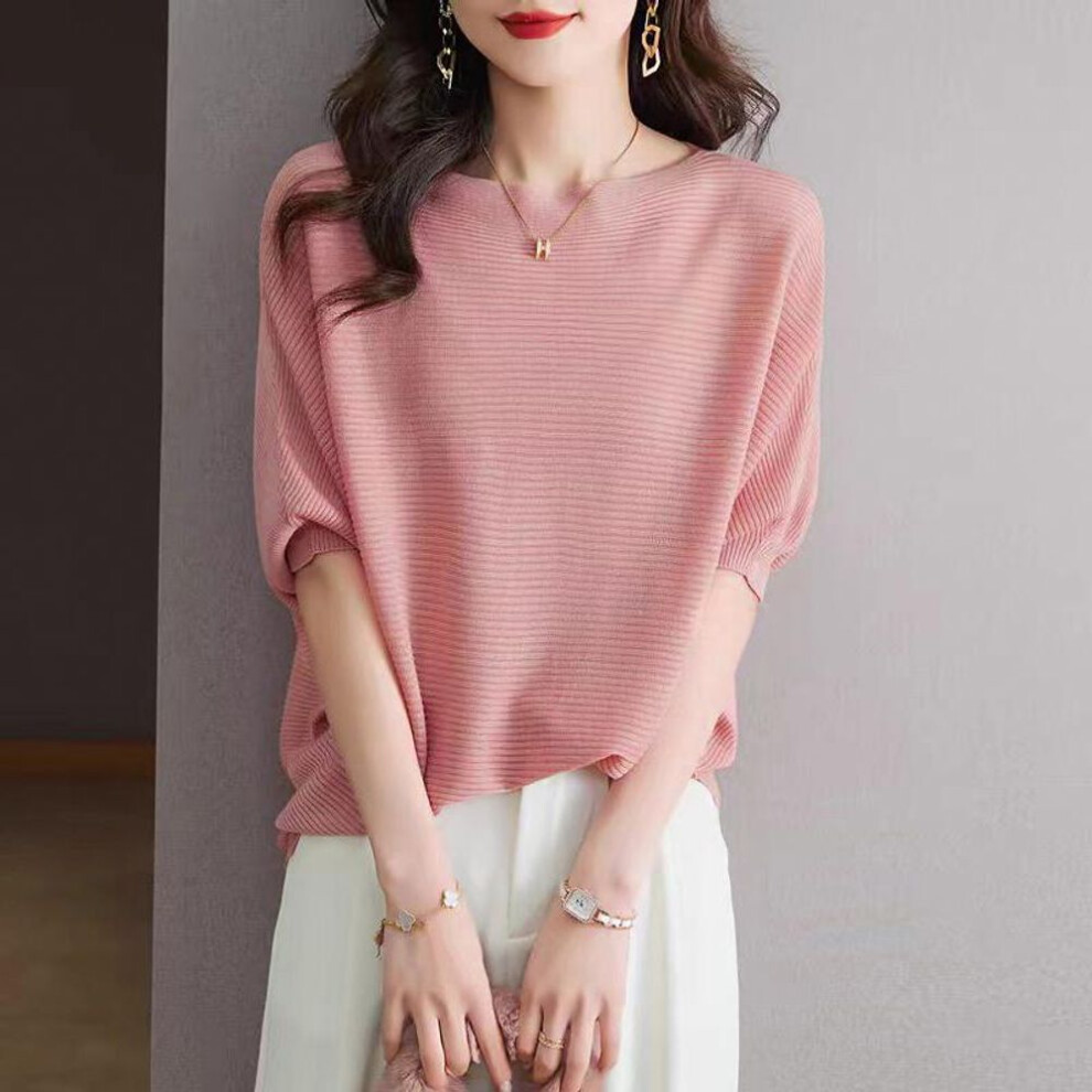 (pink, 4XL) ZANZEA Women Casual Round Neck Bat Short Sleeve Stripe Solid Color Loose Blouse