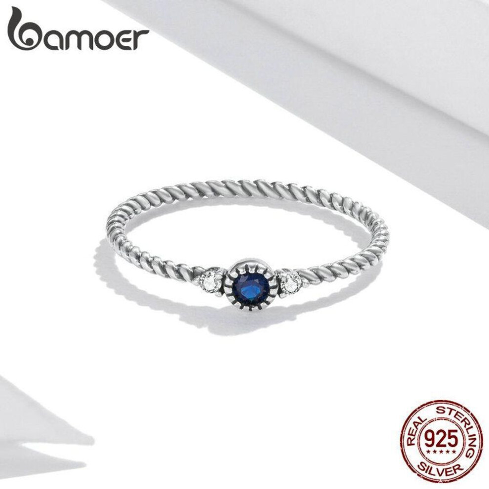(6) Bamoer 925 Sterling Silver Mysterious Blue Zircon Ring, Women Classical Vintage Texture Ring