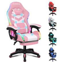(LED Marc - Pink & White) ELFORDSON Gaming Office Chair 12 RGB LED Massage Footrest