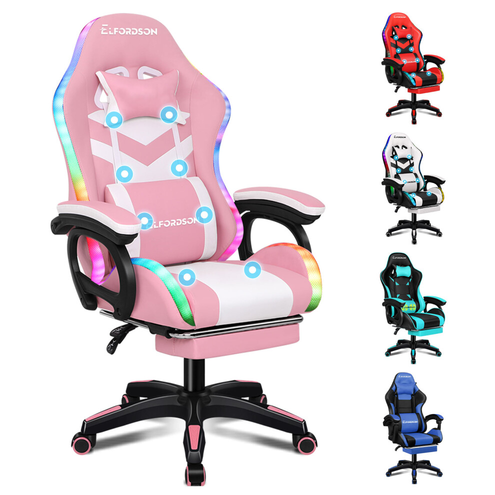 (LED Marc - Pink & White) ELFORDSON Gaming Office Chair 12 RGB LED Massage Footrest-image-OPC-PBCJMXW-NEW