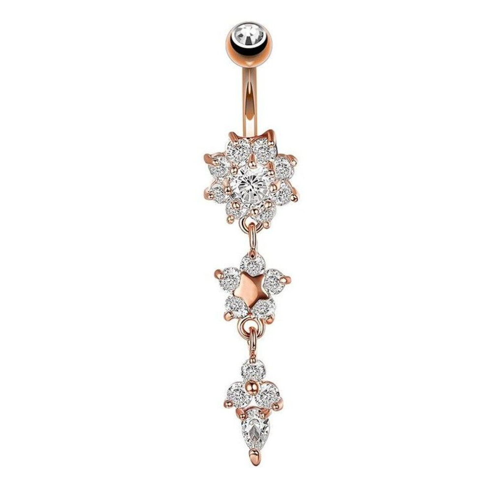 (rose gold) Gold Color Flower Dangled Belly Button Ring 14g Surgical Steel Hanging Shape Navel Body Piercing Nombril For Women Girls Jewelry