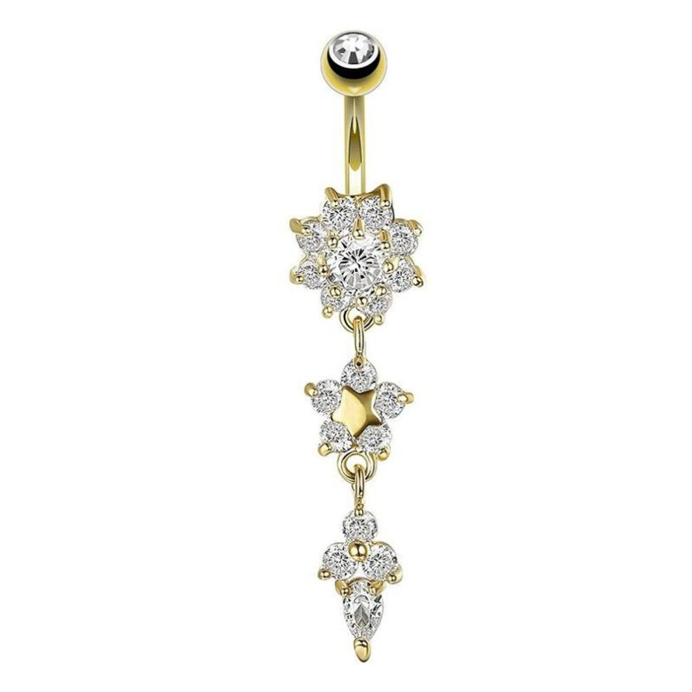 (gold) Gold Color Flower Dangled Belly Button Ring 14g Surgical Steel Hanging Shape Navel Body Piercing Nombril For Women Girls Jewelry