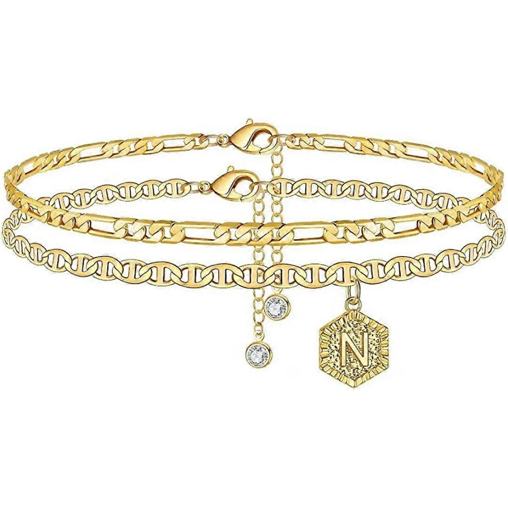 Konhill (As Show, One Size) Initial Ankle Bracelets For Women, 14K Plated Double Layered Initial Anklets Jewelry For Women Teen Gold