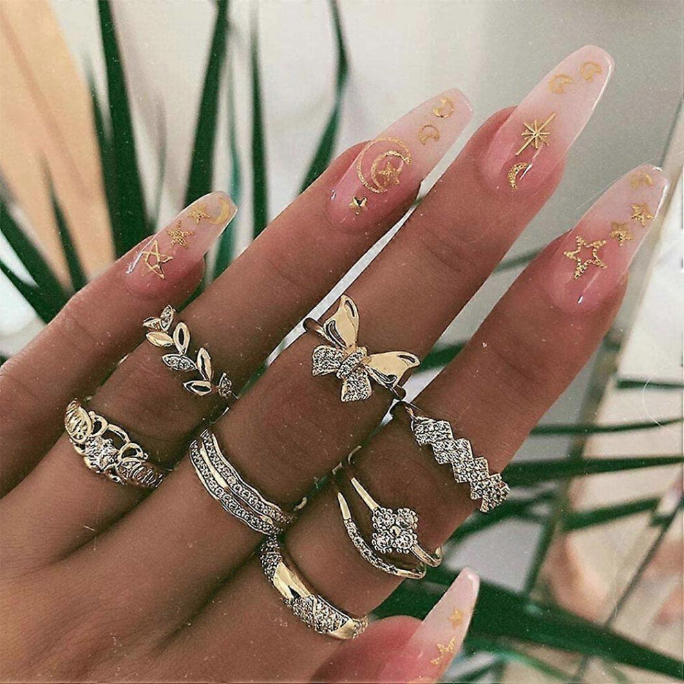 Konhill (As Show, One Size) Heytea Boho Butterfly Ring Set Stackable Knuckle Rings Rhinestone Finger Ring Leaf Mid Joint Rings Stylish Hand Jewelry Acces Gold