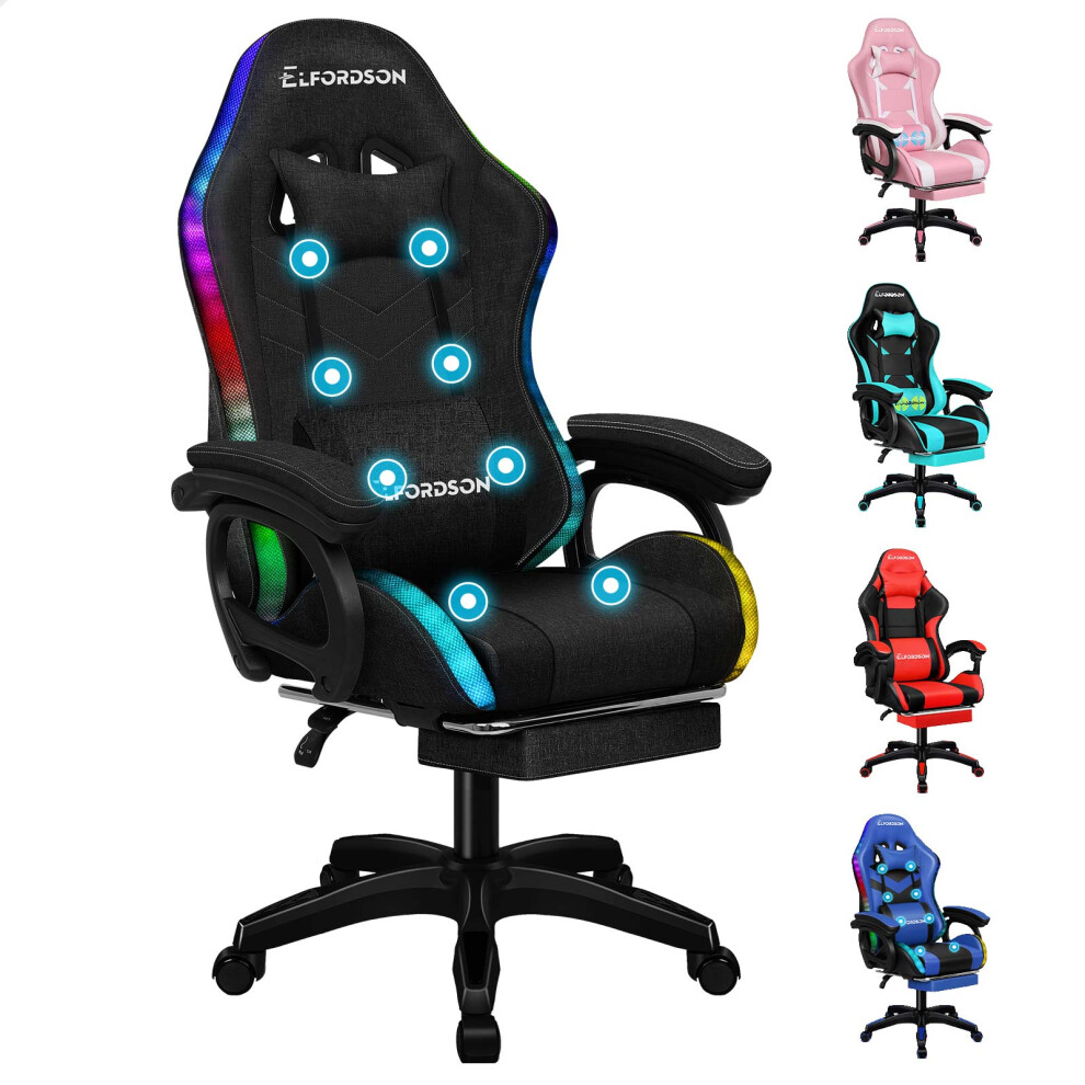 (LED Marc - Fabric Black) ELFORDSON Gaming Office Chair 12 RGB LED Massage Footrest
