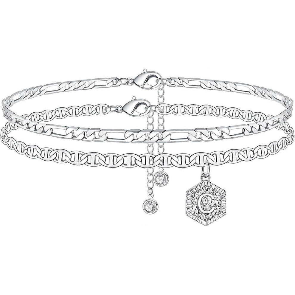 Konhill (As Show, One Size) Initial Ankle Bracelets For Women, 14K Plated Double Layered Initial Anklets Jewelry For Women Teen Gold