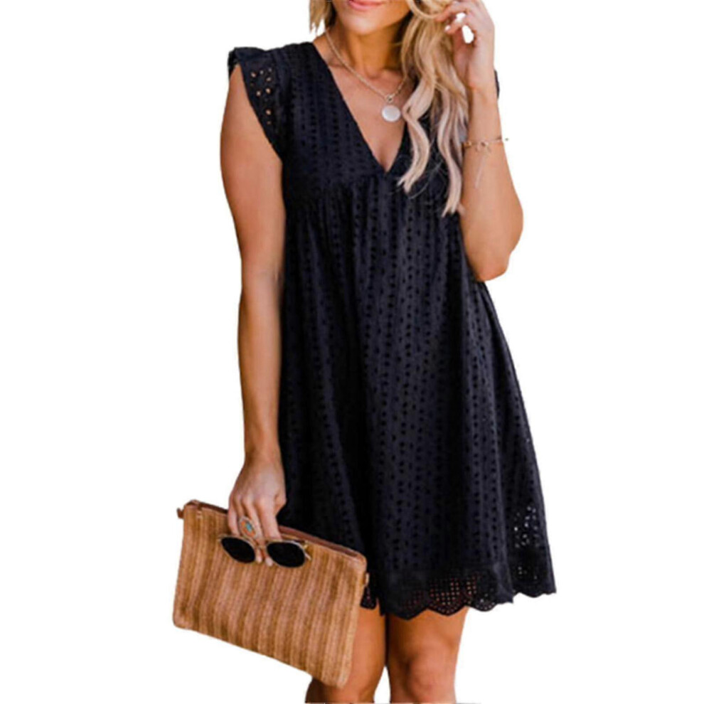 (3XL, Black) Summer V-neck Cotton Short Skirt Solid Color Dress California Romper For-image-OPC-PG8D2QY-NEW