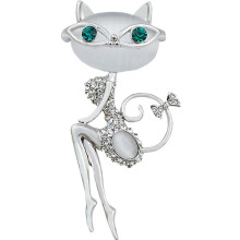 (As show, One size) Cute Kitten Opal Brooch Dainty Crystal Cat Collar Pin For Women Girl Personalized Lapel Pin(Silver), one size