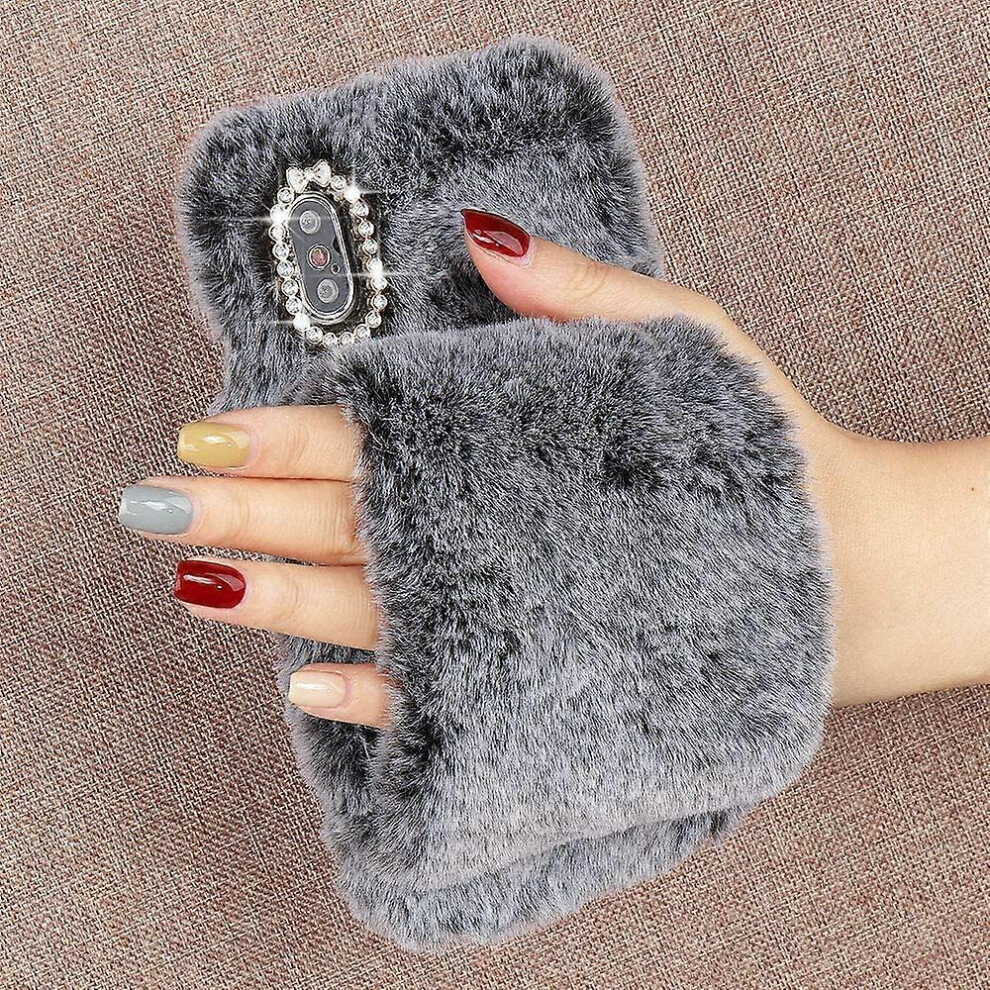 Konhill (As Show, One Size) For Iphone 11 Case Cute Girls Soft Faux Fur Glitter Diamond Furry Fluffy Glove Silicone Phone Cover Case For Iphone 11 Case Grey