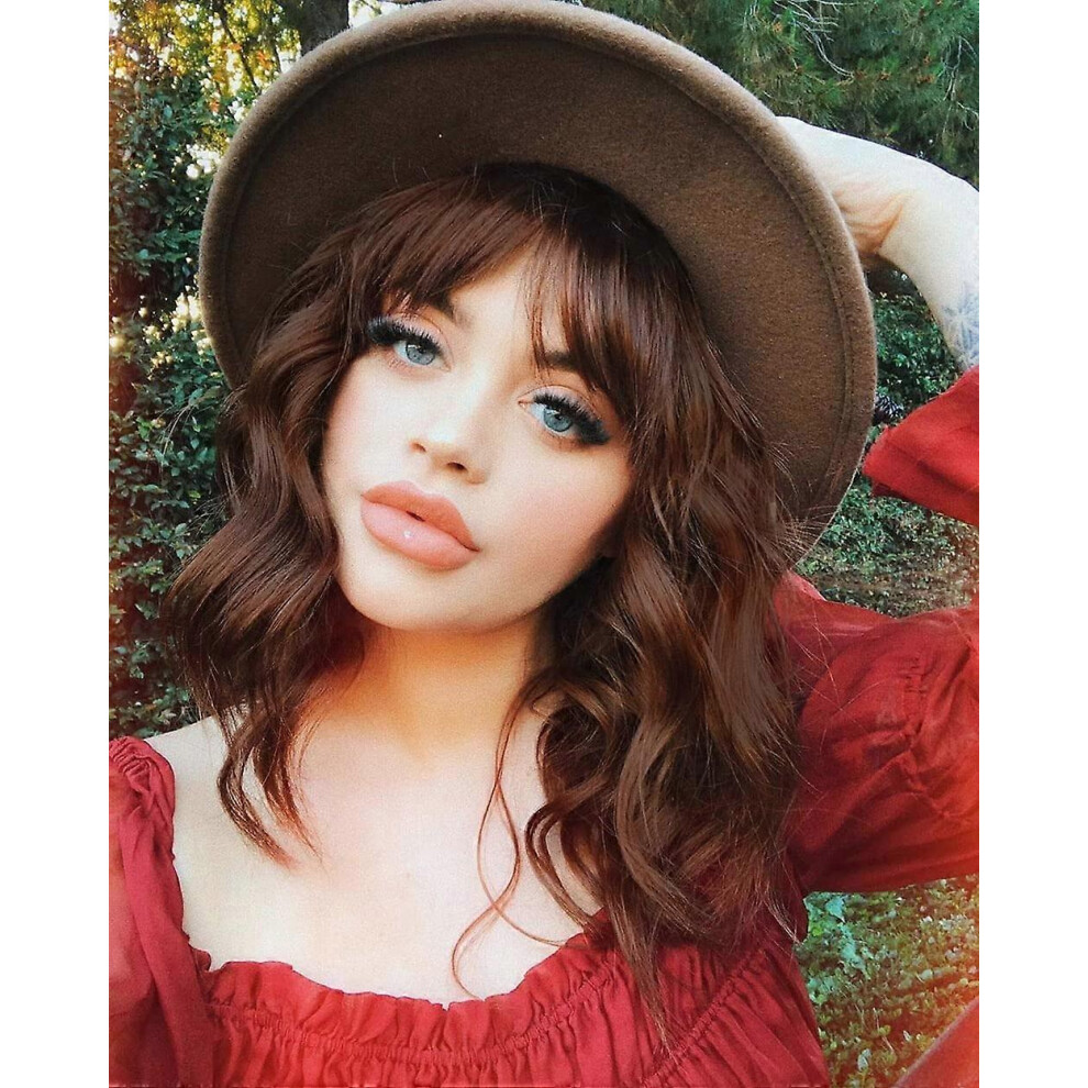 Konhill (As Show, One Size) Synthetic Short Curly Wavy Bob Wig With Bangs Natural Looking Reddish Short Bob Wavy Hair Wigs For Women Heat Resistant Bob Brown