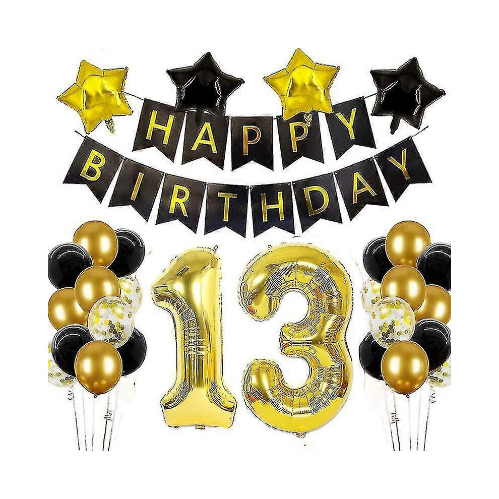 Konhill (As Show, One Size) Rl 13Th Birthday Black Gold Party Balloons Happy Birthday Letters Balloons Anniversary Decoration Black,Gold