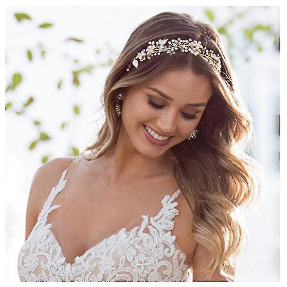 Konhill (As Show, One Size) Gold Wedding Headband Bohemian Headpiece For Bridal Hair Pieces Crystal Pearl Hair Vine Flower Halo Wedding Hair Accessories White,Gold