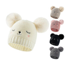 (Black, One size) Autumn And Winter Baby Baby Wool Hat Pure Colour Double Ball Acrylic Embroidered Children's Knitted Hat
