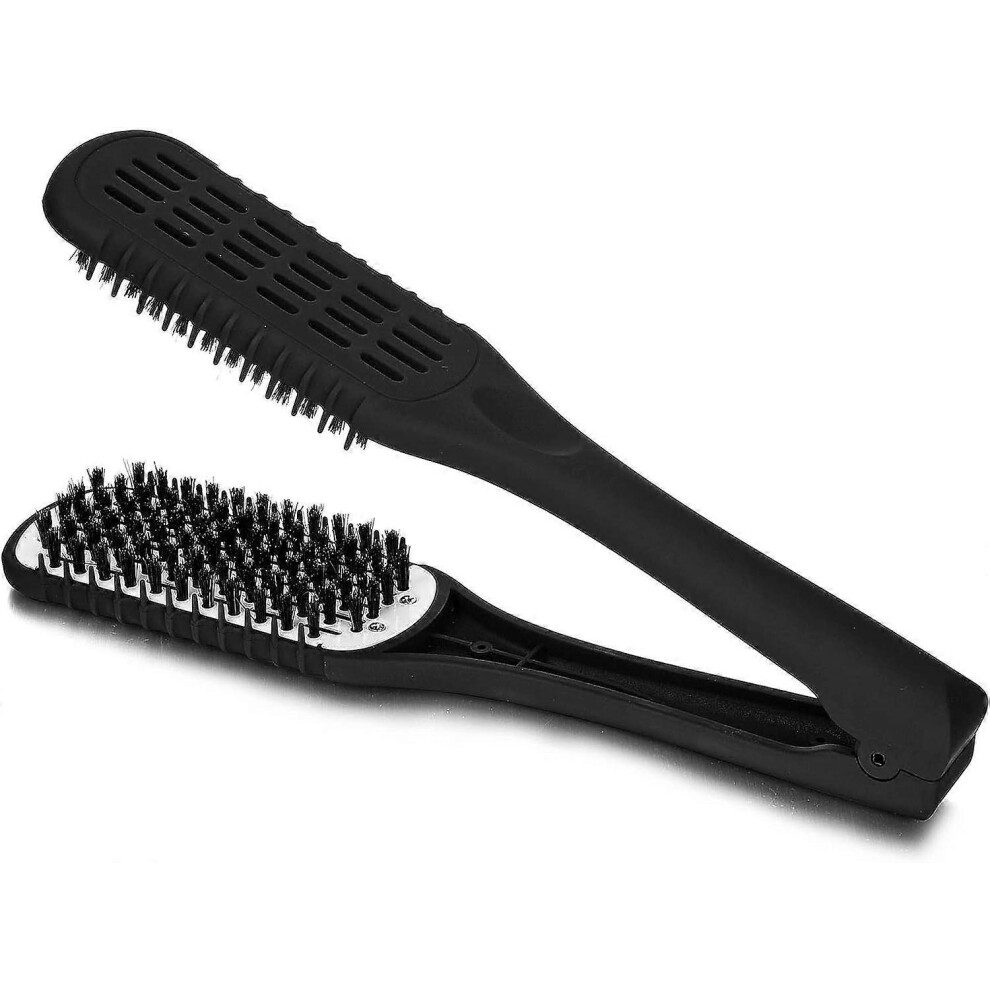 (As show, One size) Boar Bristles Clamp Hair Straightener Brush , Detangler Brush Hair Styling Tool Double Sided Brush