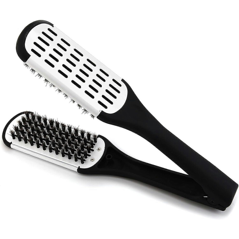 (As show, One size) Boar Bristles Clamp Hair Straightener Brush , Detangler Brush Hair Styling Tool Double Sided Brush