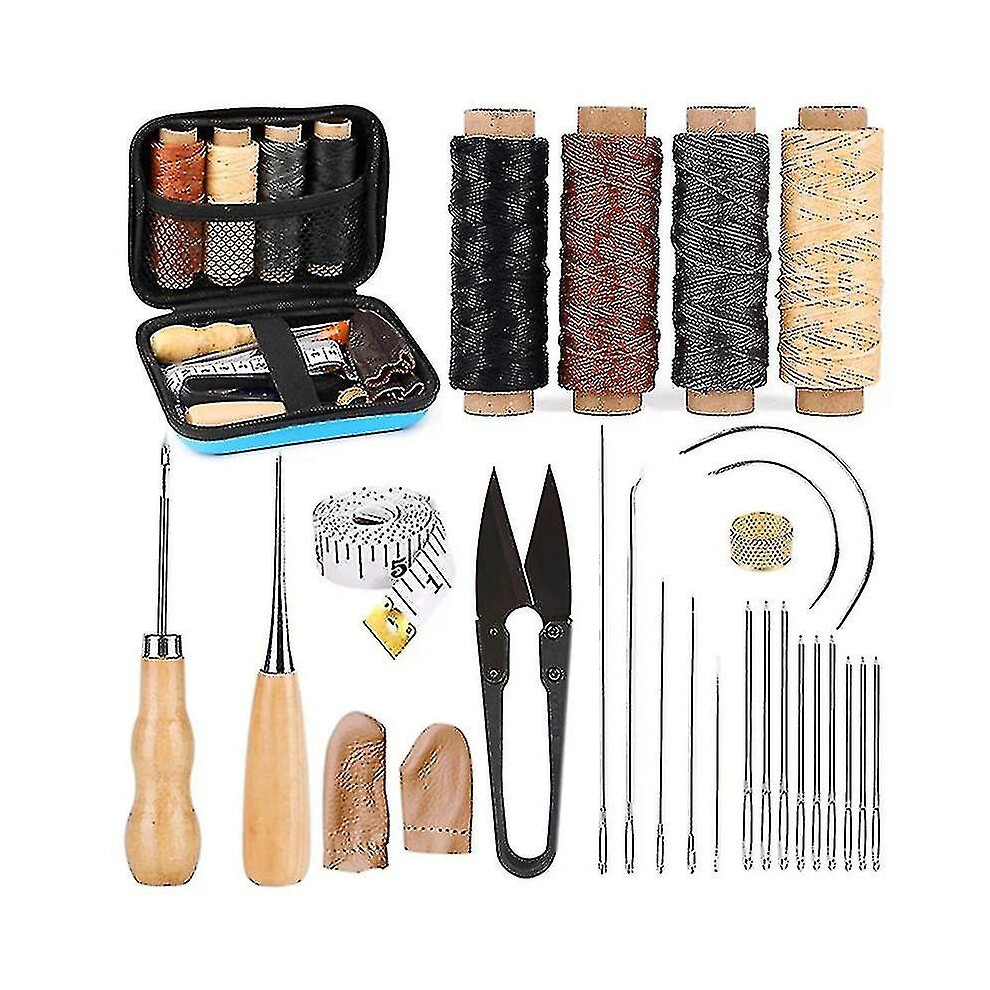 (As show, One size) 28pcs Wood Handle Leather Craft Tool Kit Leather Hand Sewing Tools Kit Punch Cutter Diy Set - jxlgv