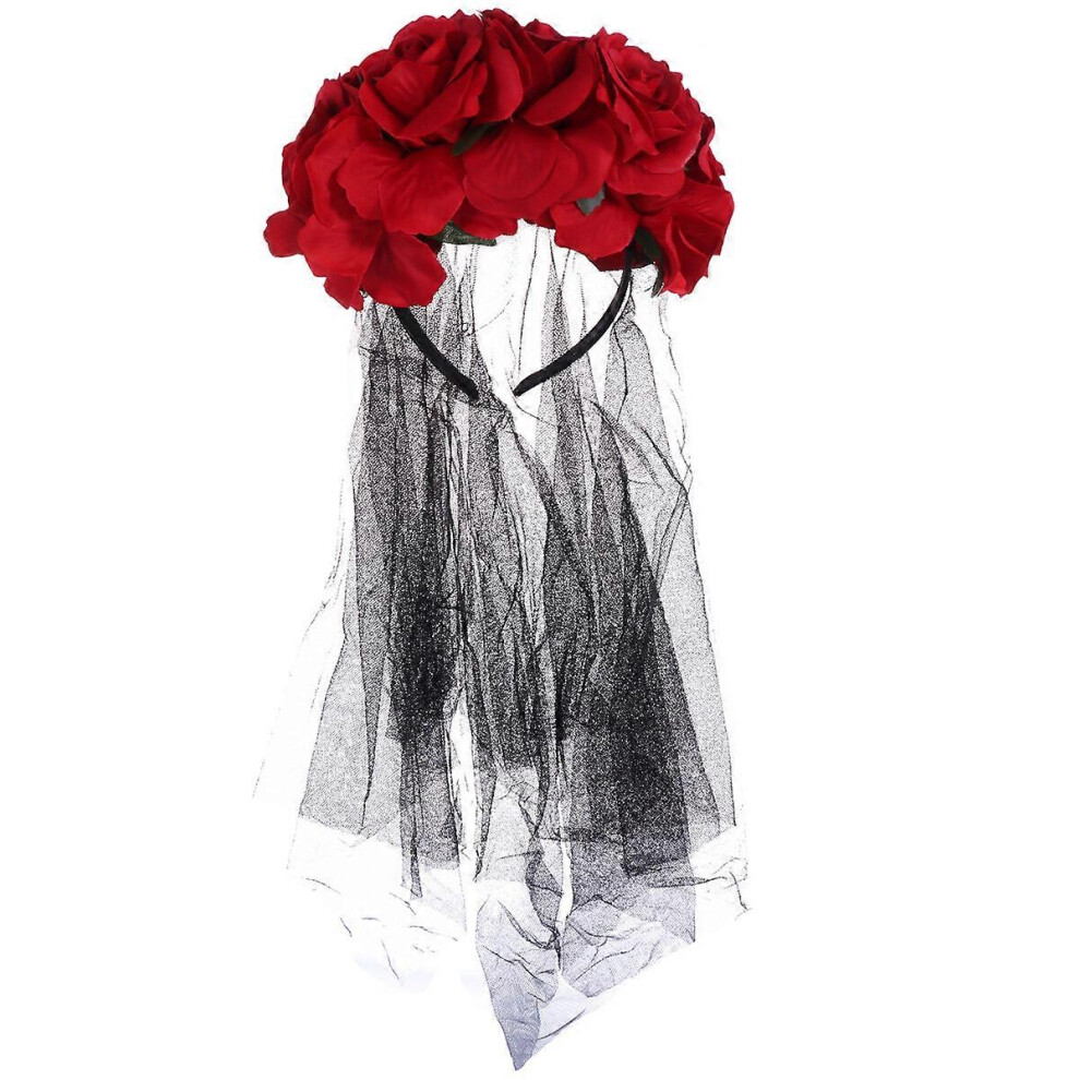 Kricely (As Show, One Size) Black Gauze Cloth Headband Simulation Rose Flower Headdress Women Headwear Cosplay Party Hair Accessories For Women Red Black,Red