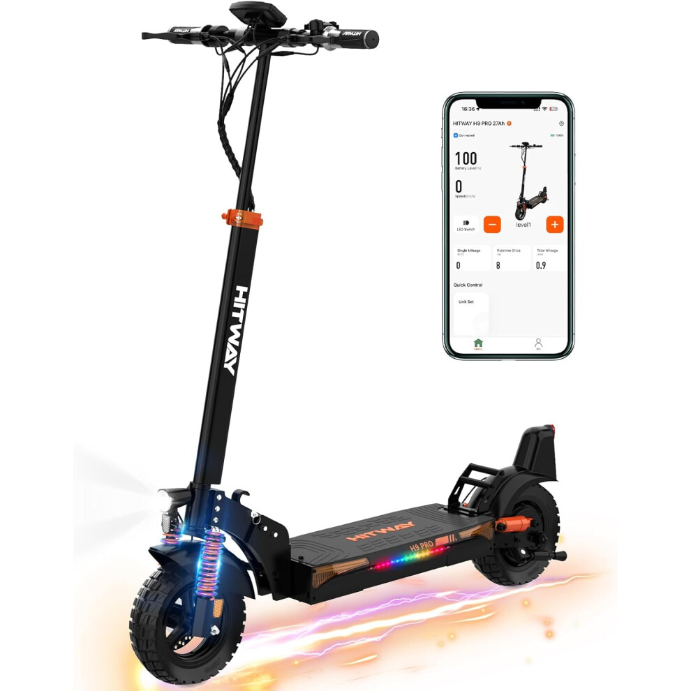 (H9Pro-27AH) HITWAY Electric Scooter - Foldabler Adult 10 Inch Scooter with 15.6-27AH Battery, 500W Motor, Tubeless Tire, Turn Signals, APP