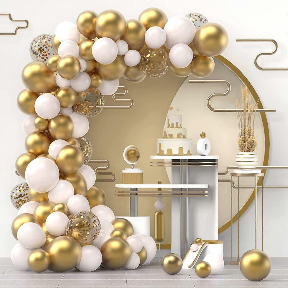 Konhill (As Show, One Size) White Gold Confetti Balloons Garland Arch Kit, 120 Pcs 12In 10In 5In Latex Metallic Gold White Confetti Balloons For Birthday, Wed White,Gold