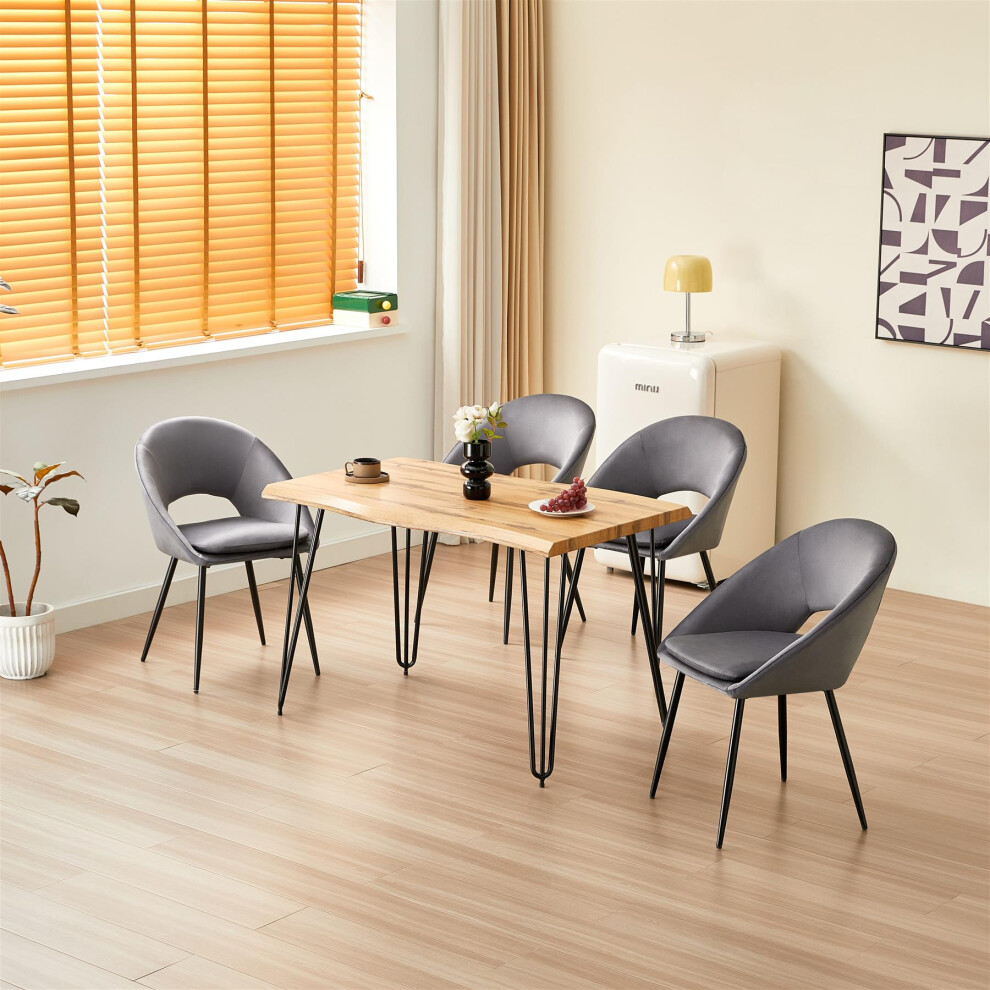 Wooden Dining Table and 4 Grey Velvet Chairs Set With Metal Legs