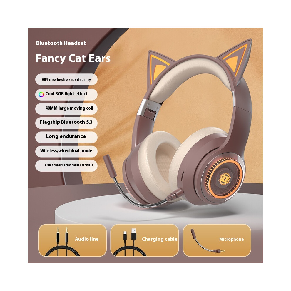 (Brown) 2025 New Private Model Cat Ear Headset Wireless Bluetooth With Headset E-Sports Internet Celebrity Same Model Brown 6921541476274