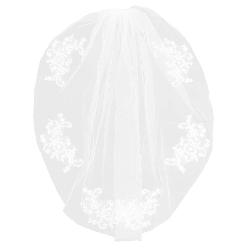 Kricely (As Show, One Size) Simple And Elegent Crystal Beaded Short Bridal Veils With Lace Appliques (Off-) White