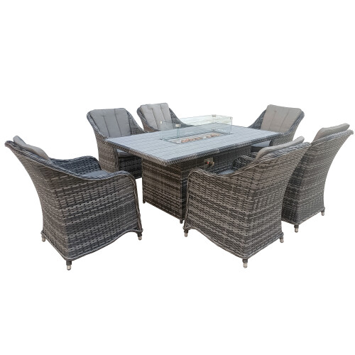 (Rectangle Fire Pit Table) 6 Seater Rattan Garden Dinning Set 2