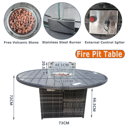 (Round Fire Pit Table) 6 Seater Rattan Garden Dinning Set 2