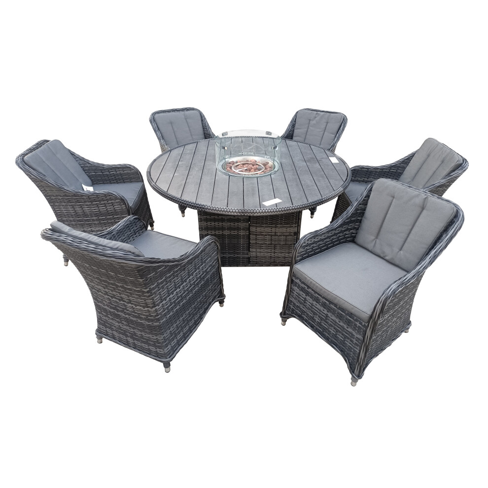 (Round Fire Pit Table) 6 Seater Rattan Garden Dinning Set