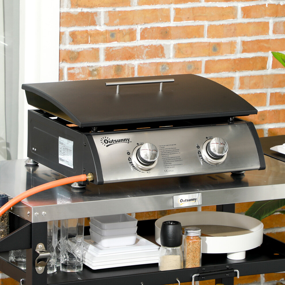 Outsunny Portable Gas Plancha BBQ Grill with 2 Stainless Steel Burner, 10kW