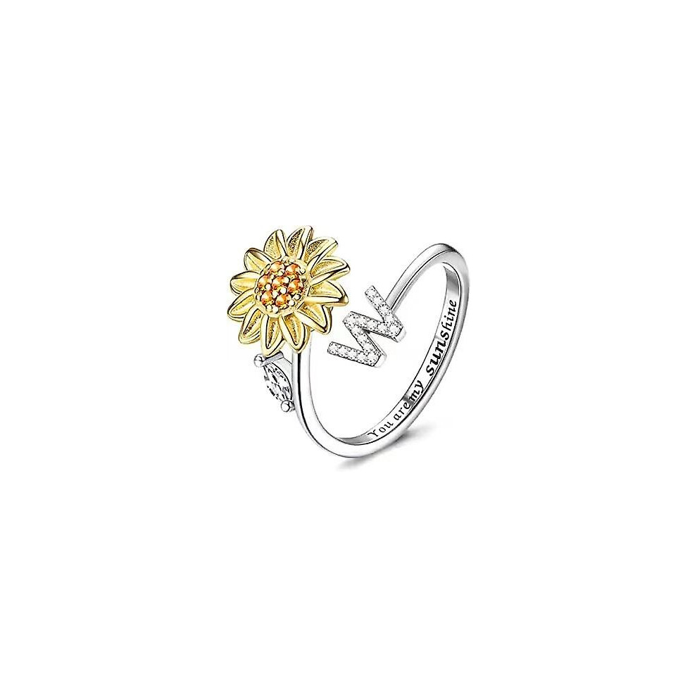 Konhill (As Show, One Size) Fidget Rings For Anxiety For Women Sunflower Initial Letter Spinner Ring Open Adjustable Ring Cz Rings Daisy Stress Relieving Ring