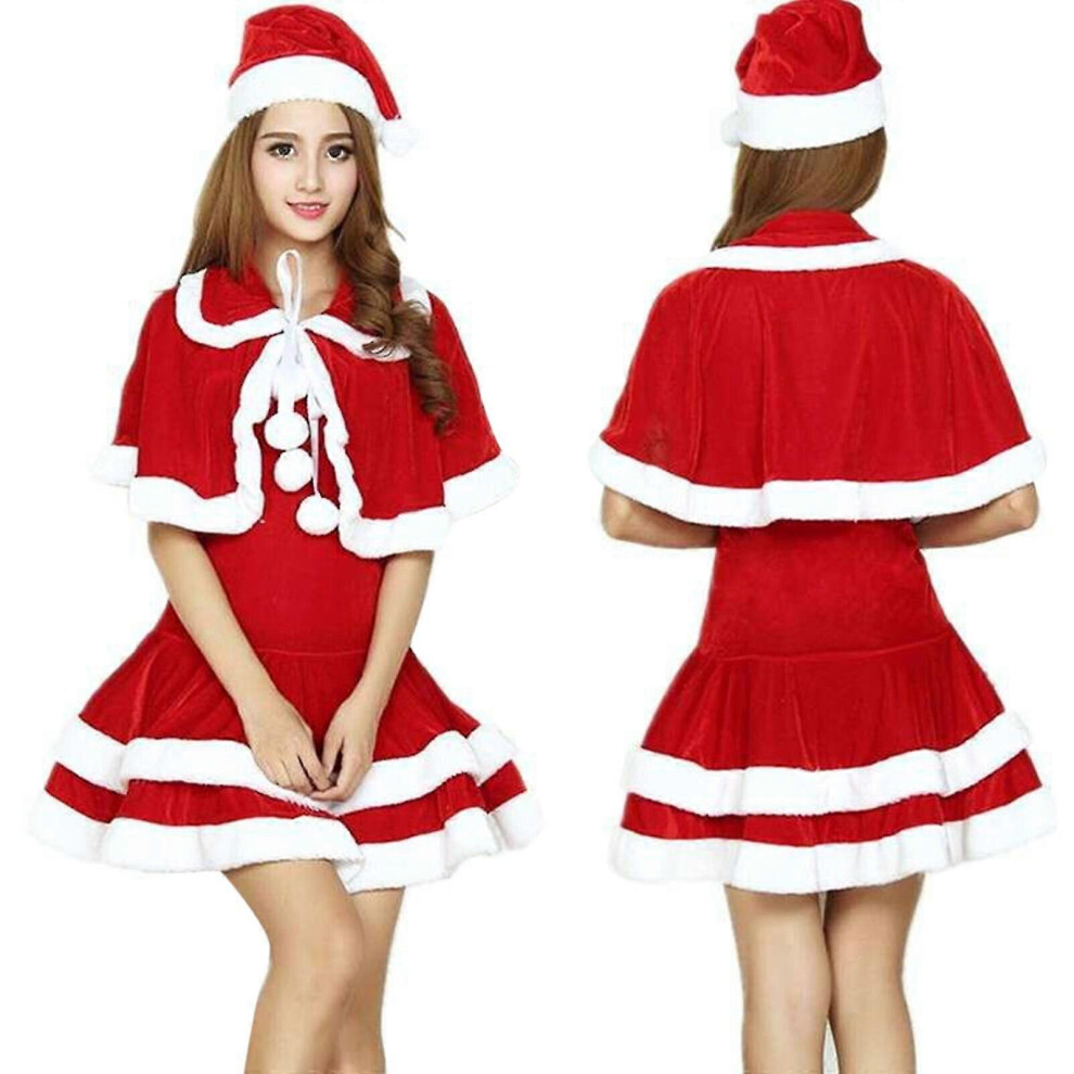 Wrezatro (Xxxl, Short Sleeve) Cosplay Santa Claus Sweet Christmas Skirt Suit And Cape Women's Sexy Red And White A-Line Miniskirt