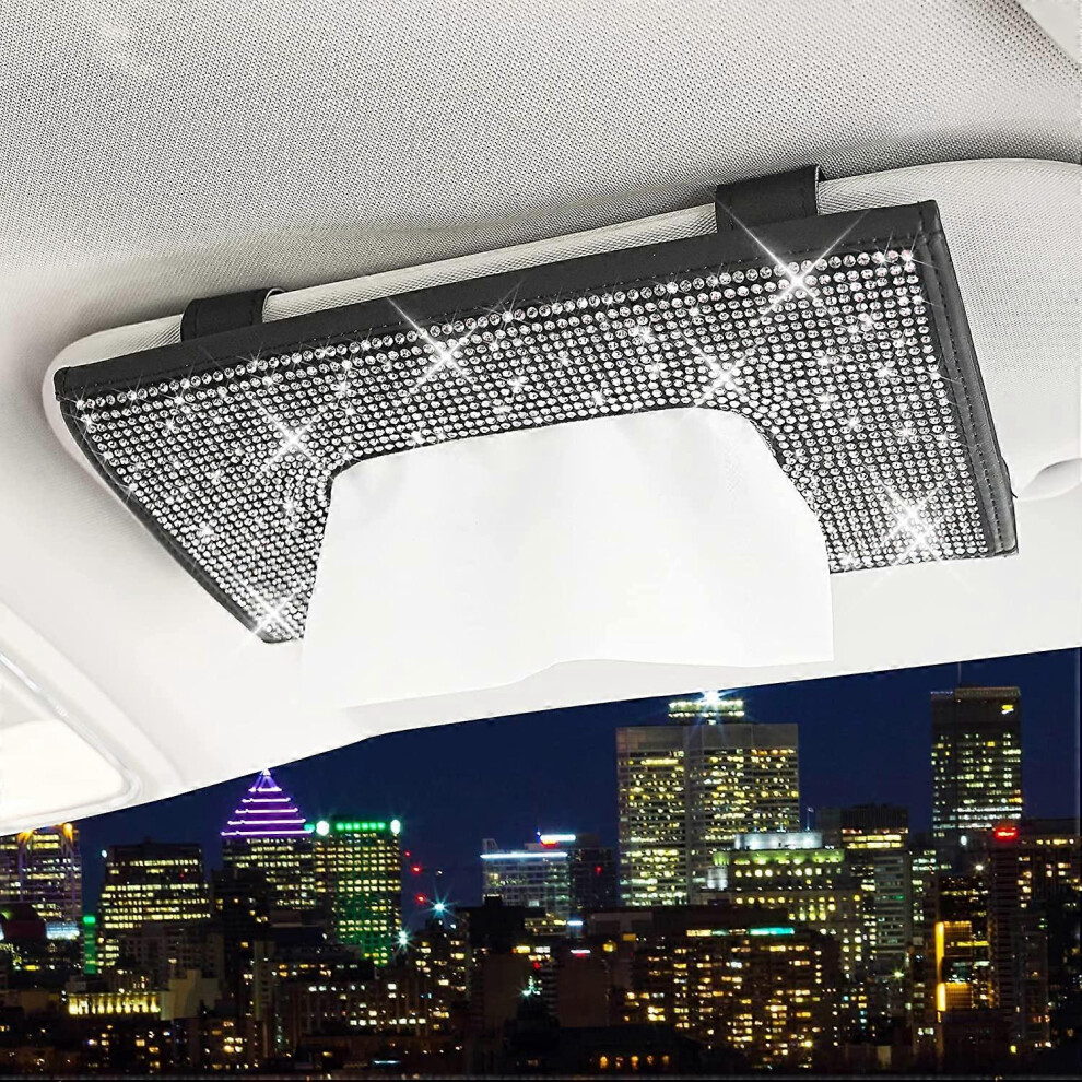 Konhill (As Show, One Size) Bling Bling Car Sun Visor Tissue Box Holder,Crystal Sparkling Napkin Holder,Pu Leather Backseat Tissue Case Car Accessories For Wo Black