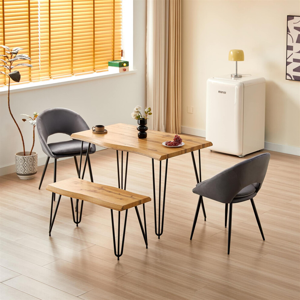 Wooden Dining Table with 1 Bench and 2 Grey Velvet Chairs