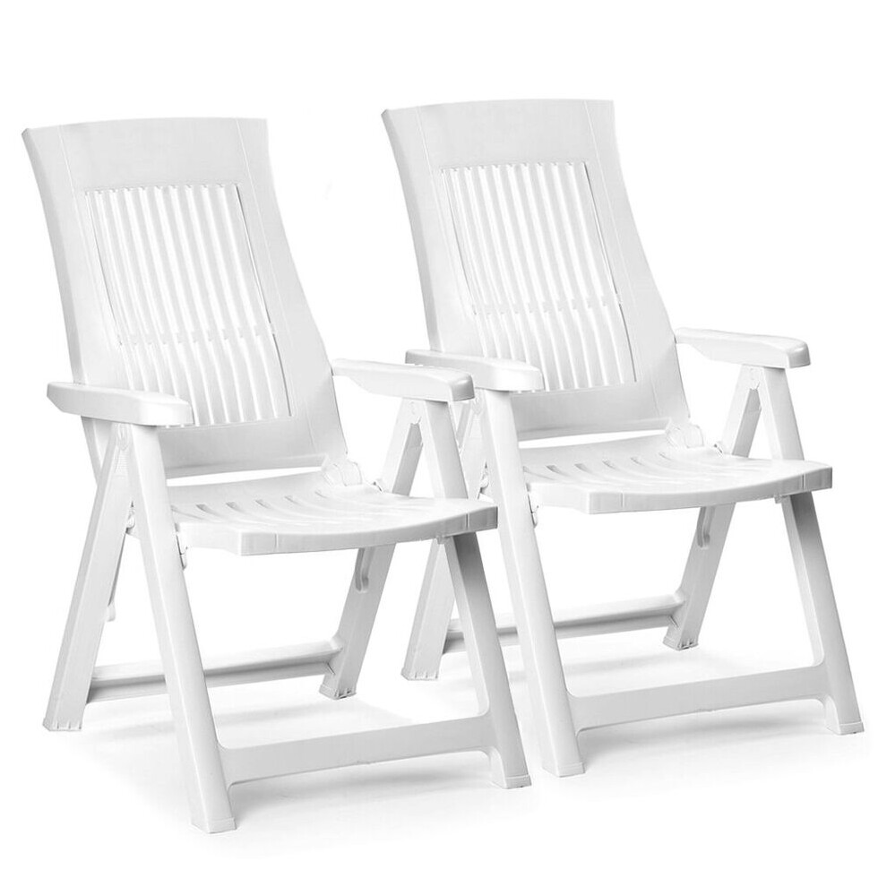 (2x White) Folding Garden Lounger Chair 5 Multi Reclining Positions Outdoor Dining Chairs