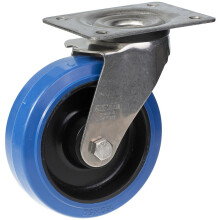 Rueda giratoria de acero inoxidable de 160 mm con goma elástica azul sobre rueda central de nailon