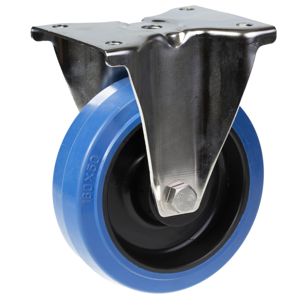 160Mm Stainless Steel Fixed Castor With Blue Elastic Rubber On Nylon Centre Whee 5056116804990