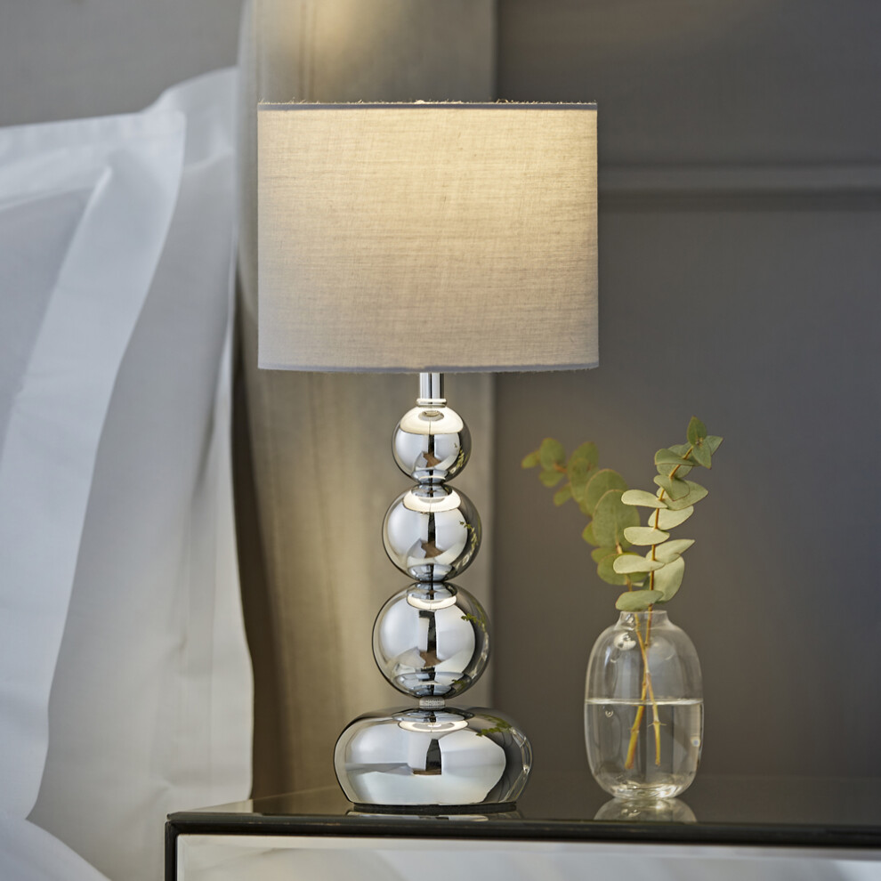 Modern Polished Chrome Stacked Ball Table Lamp with a Grey Faux Silk Shade
