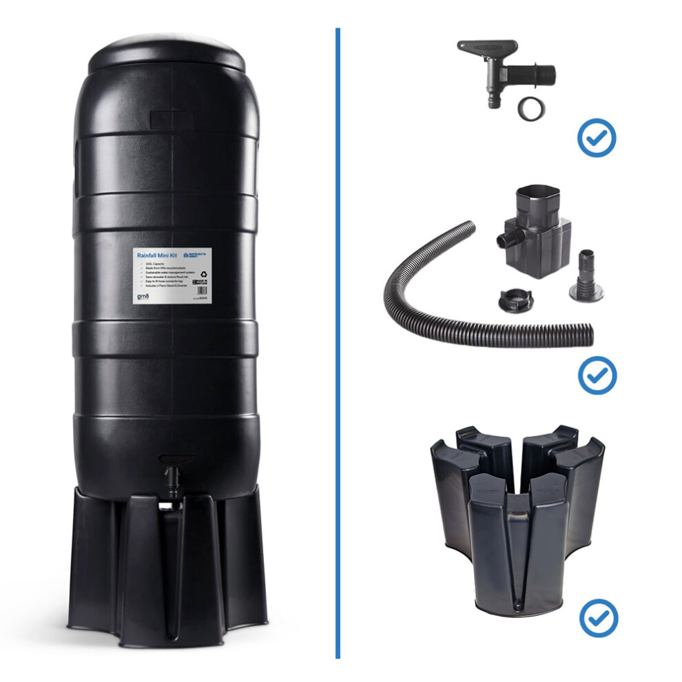 100L Water Butt Kit - Stand, Lid, Hose Connect Tap & Rain Diverter
