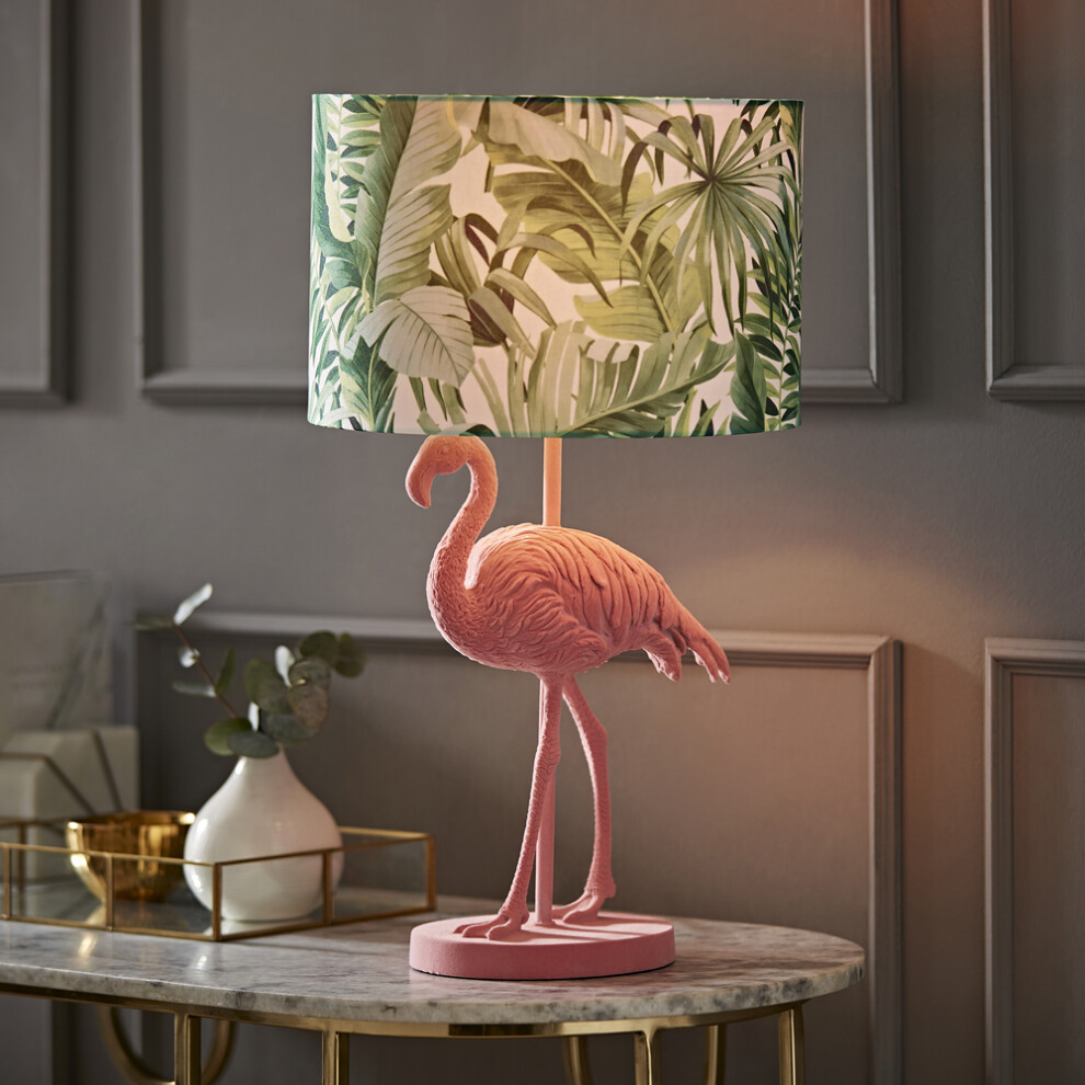 Pink Velvet Flamingo Table Lamp Tropical Palm Leaf Drum Shade Light