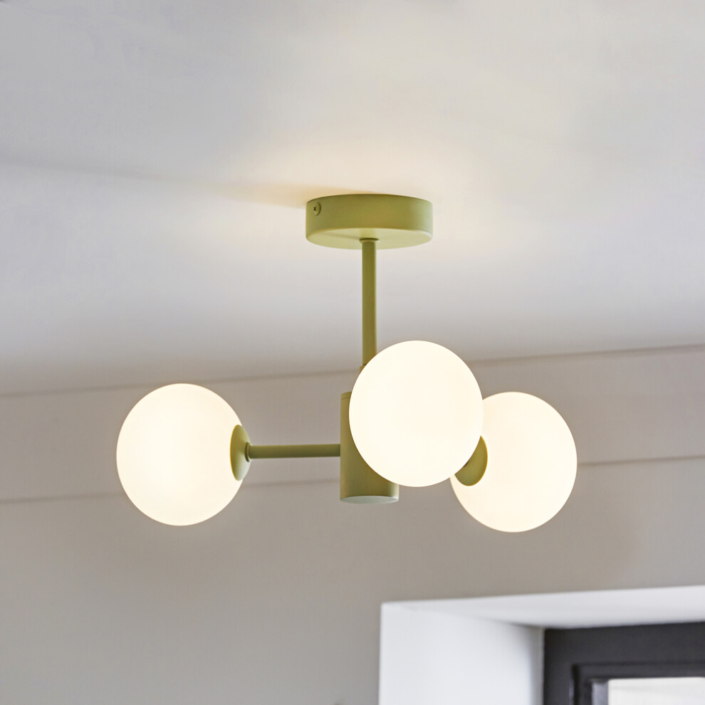 ValueLights Marlow Sage Green Opaque Glass Globe 3 Arm Ceiling Light