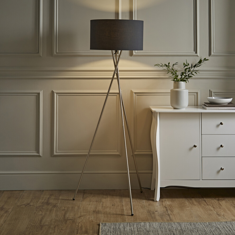 Modern Brushed Chrome Metal Tripod Floor Lamp with a Dark Grey Cylinder Shade