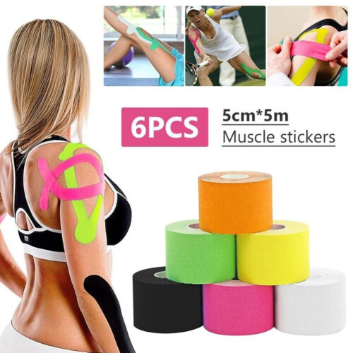 6PCS Αθλητική ταινία κινησιολογίας Ελαστική ταινία υποστήριξης μυών Physio 5m x 5cm
