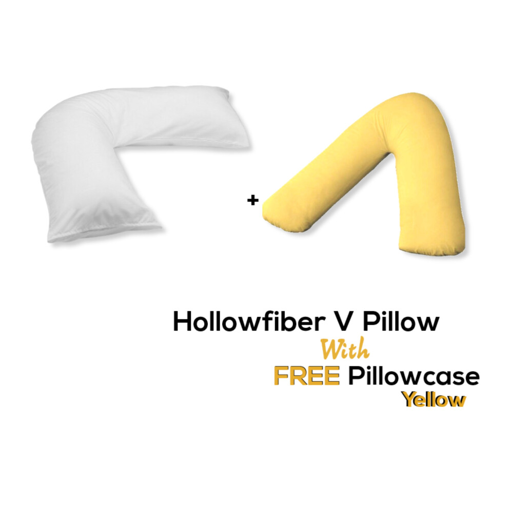 (Yellow) V Pillow With Free V Pillowcase Polycotton Cover Orthopedic Neck & Back Support Yellow Chilimilii